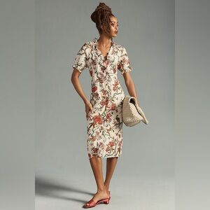 Pilcro Ruffle- Collar Button Down Dress, Linen Blend Floral Print Anthropologie